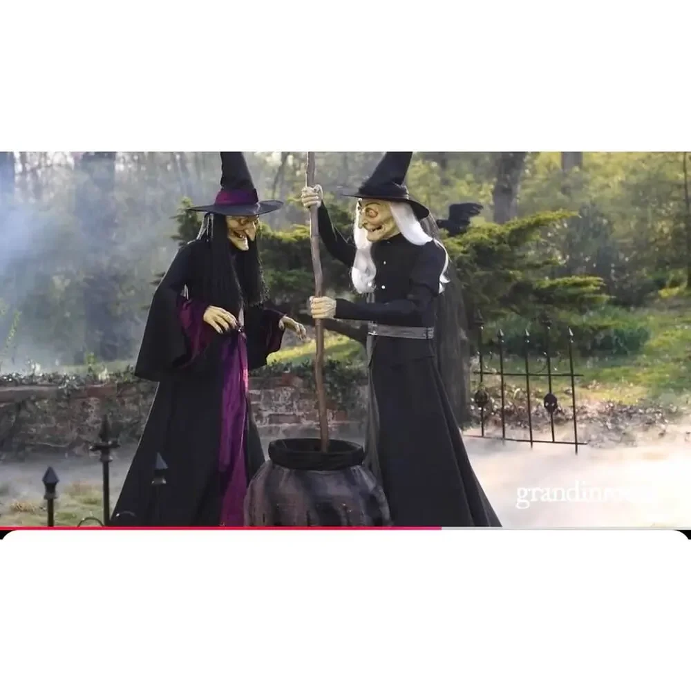 Grandin Road Animated Brewing Witch Duo Life-Size Halloween Animatronic